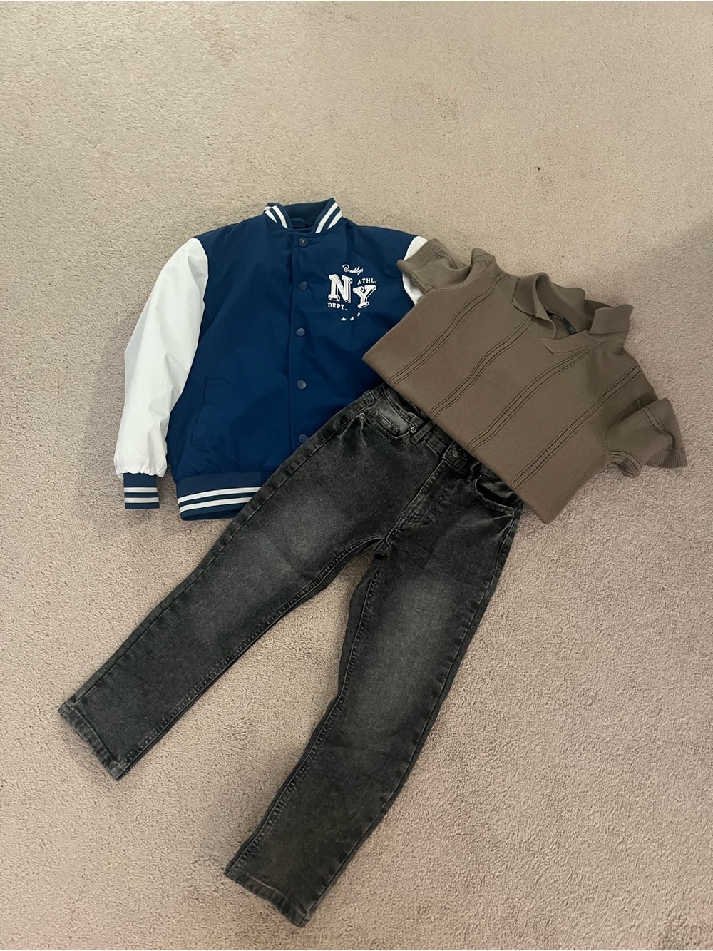 Kids Navy & White Varsity Jacket with NY Logo with shirt and jean
